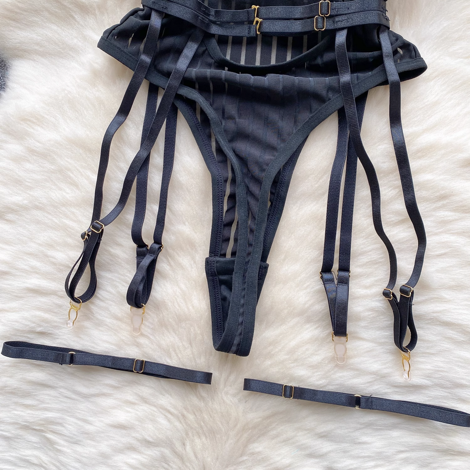 Transparent Striped Strappy Black Bodysuit Lingerie