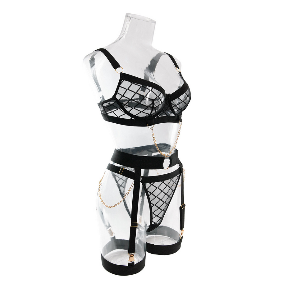 4 Pieces Black Bodycon Mesh Chain Lingerie Set