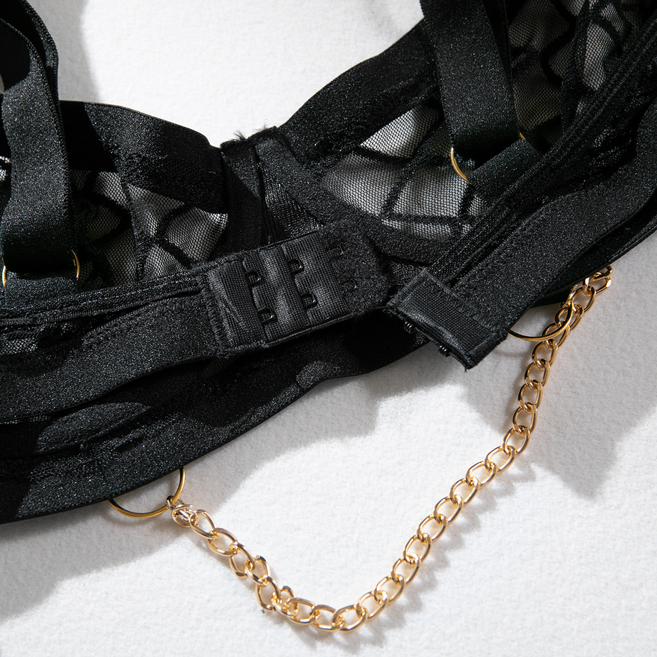 4 Pieces Black Bodycon Mesh Chain Lingerie Set