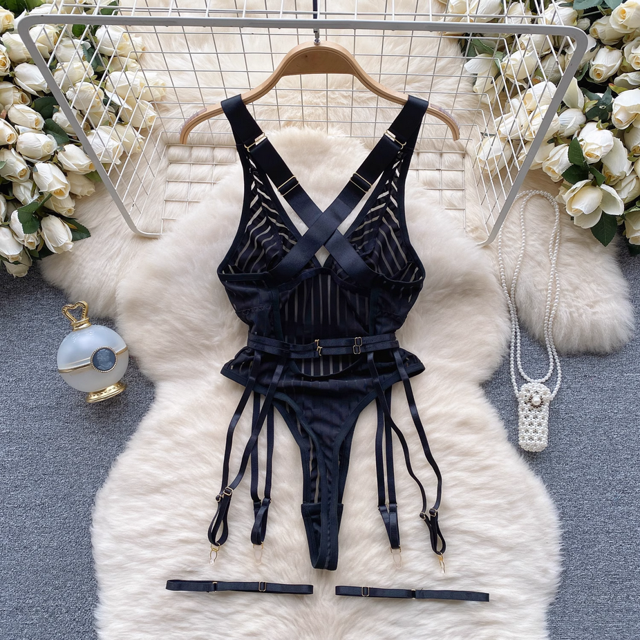 Transparent Striped Strappy Black Bodysuit Lingerie