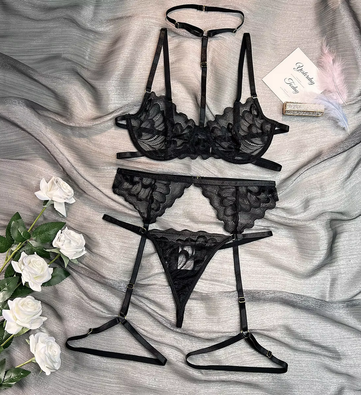 Black and Red Sexy Sheer Lace Lingerie Set