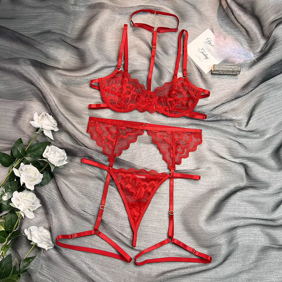 Black and Red Sexy Sheer Lace Lingerie Set