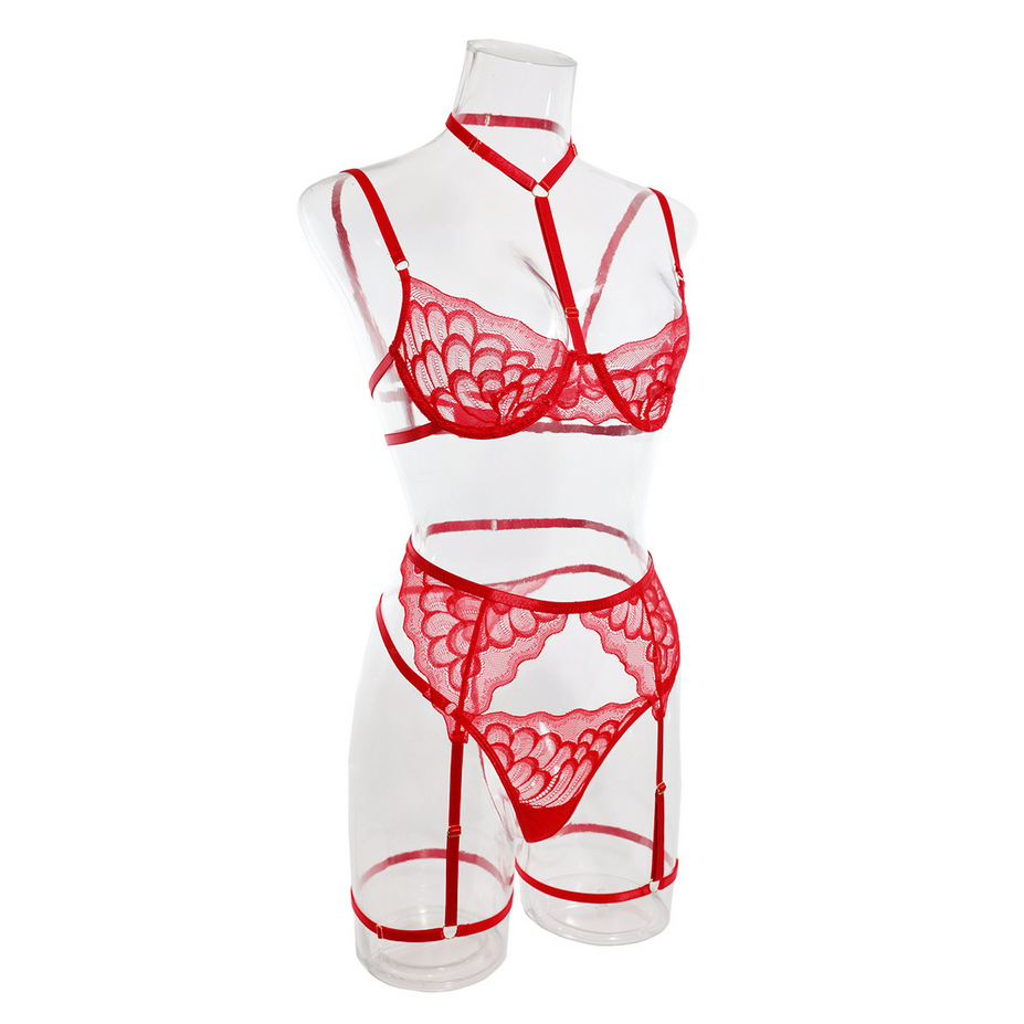Black and Red Sexy Sheer Lace Lingerie Set