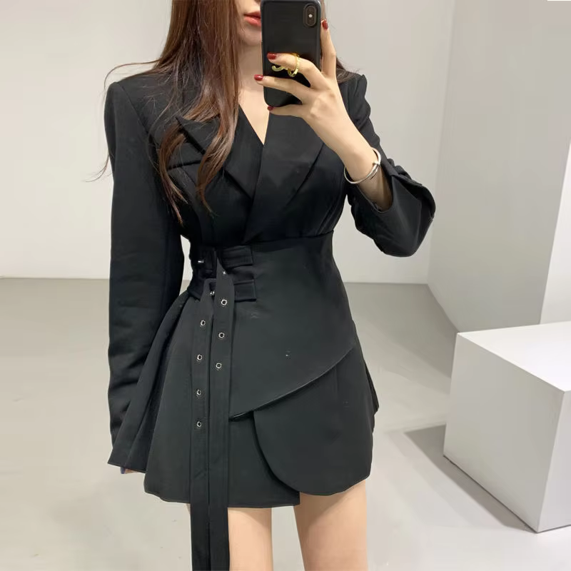 Solid Color Irregular Hem Long Sleeve Dress