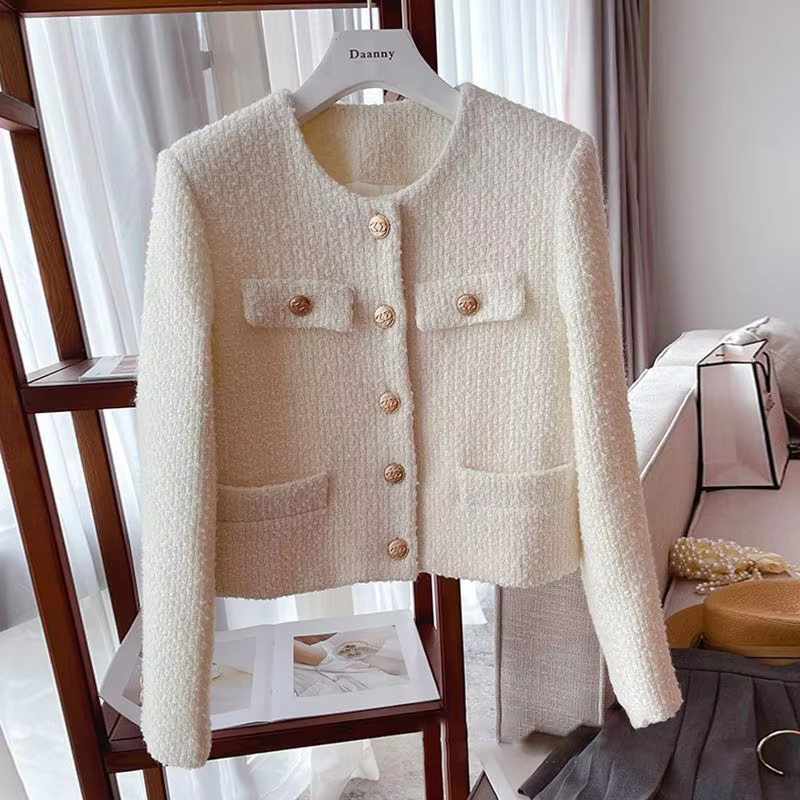 Elegant Off White Cropped Blazer Tweed Jacket