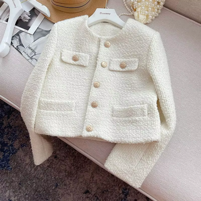 Elegant Off White Cropped Blazer Tweed Jacket