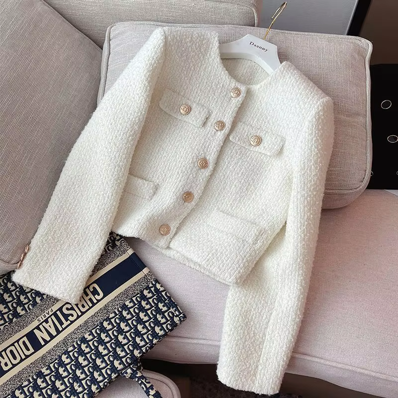 Elegant Off White Cropped Blazer Tweed Jacket