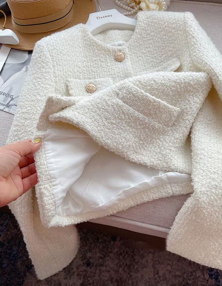 Elegant Off White Cropped Blazer Tweed Jacket