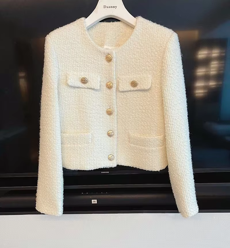Elegant Off White Cropped Blazer Tweed Jacket
