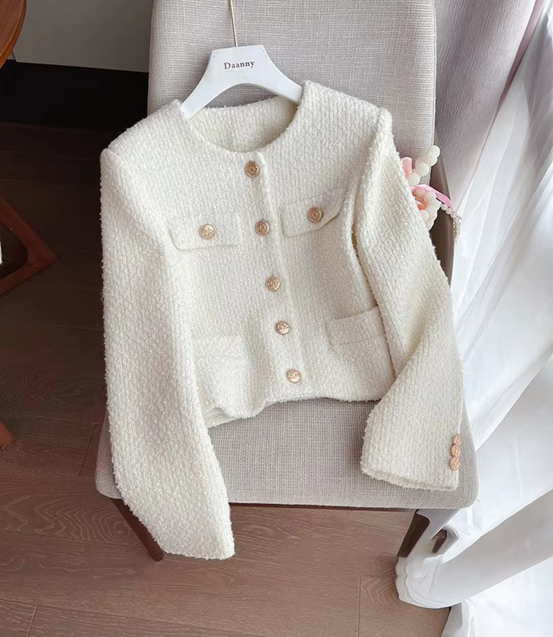 Elegant Off White Cropped Blazer Tweed Jacket