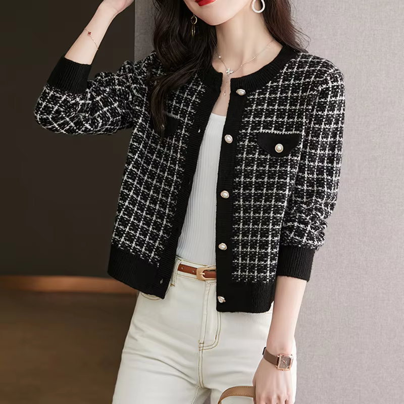 Korean Fashion Vintage Plaid Patchwork Cardigan Sweater