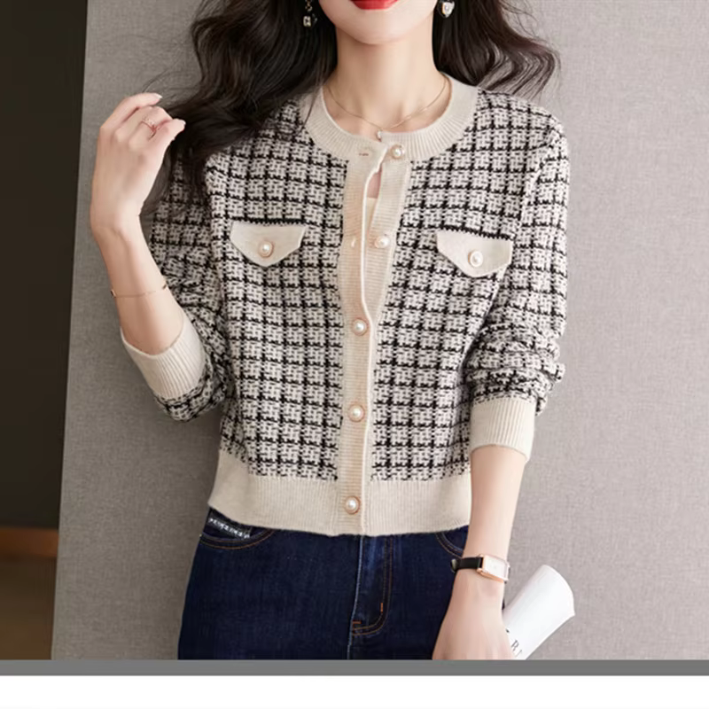 Korean Fashion Vintage Plaid Patchwork Cardigan Sweater