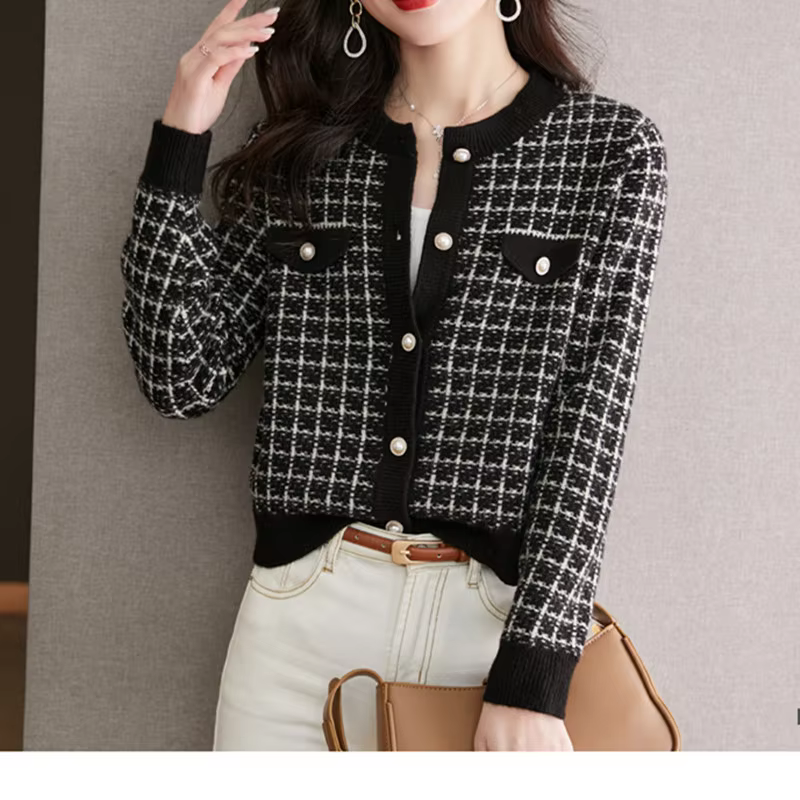 Korean Fashion Vintage Plaid Patchwork Cardigan Sweater