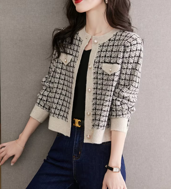 Korean Fashion Vintage Plaid Patchwork Cardigan Sweater