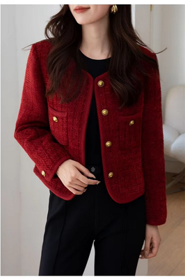 Red Korean Short Tweed Woolen Coat