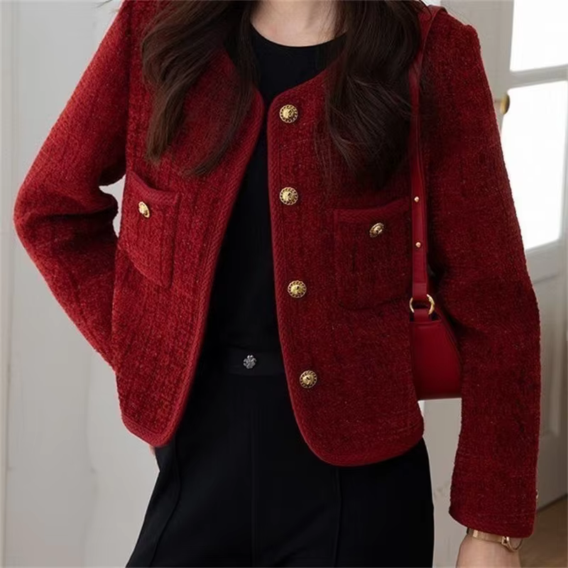 Red Korean Short Tweed Woolen Coat