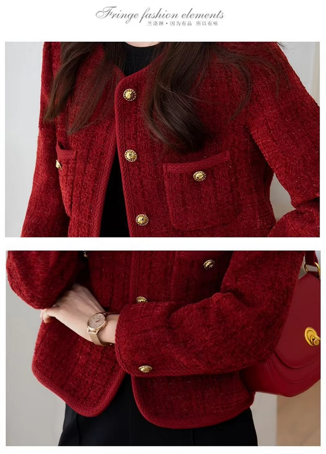 Red Korean Short Tweed Woolen Coat