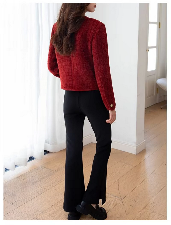 Red Korean Short Tweed Woolen Coat