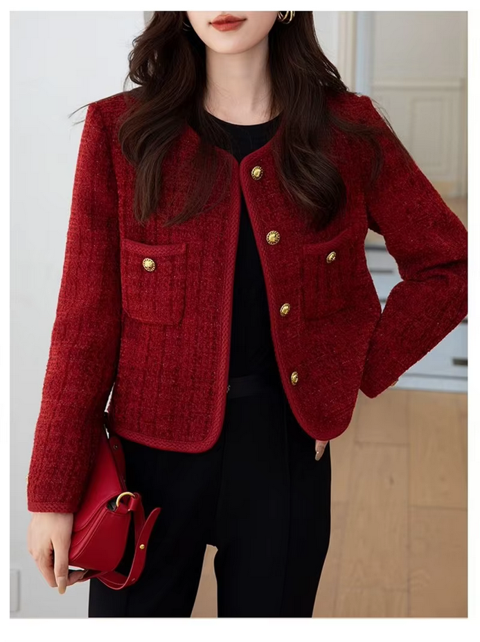 Red Korean Short Tweed Woolen Coat