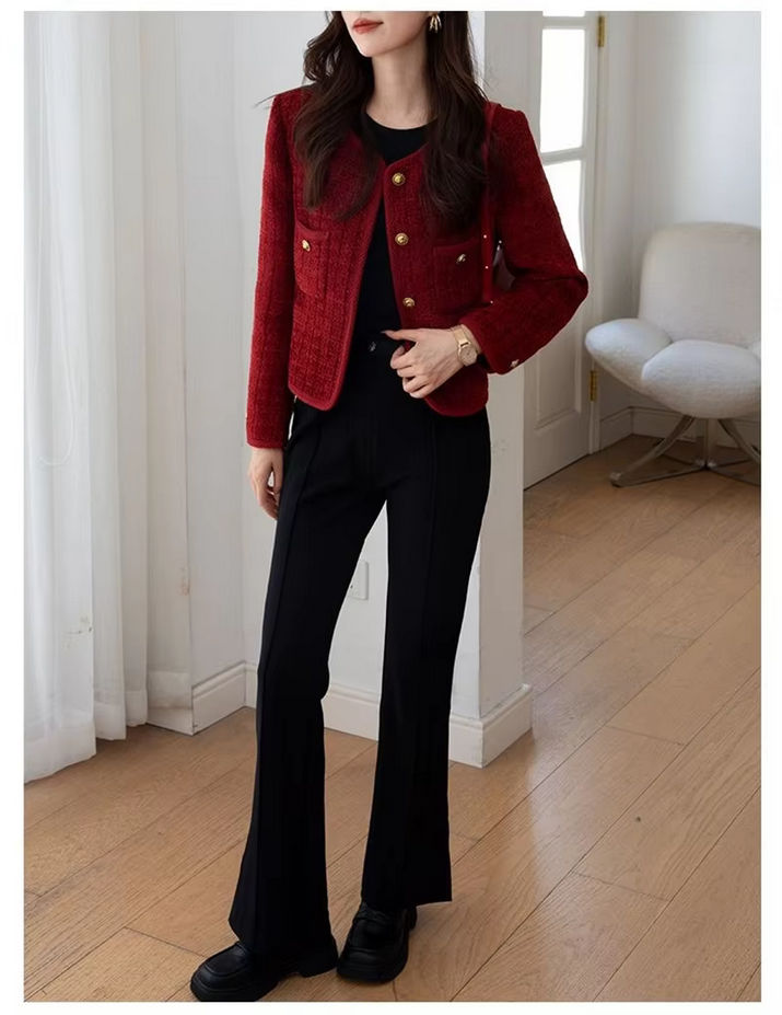 Red Korean Short Tweed Woolen Coat