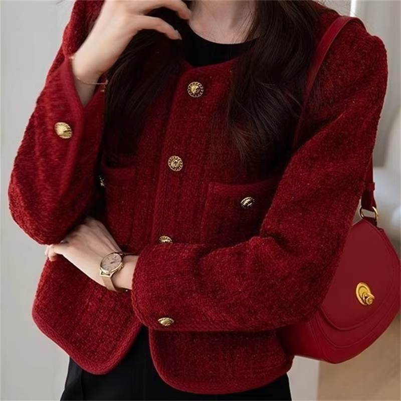 Red Korean Short Tweed Woolen Coat
