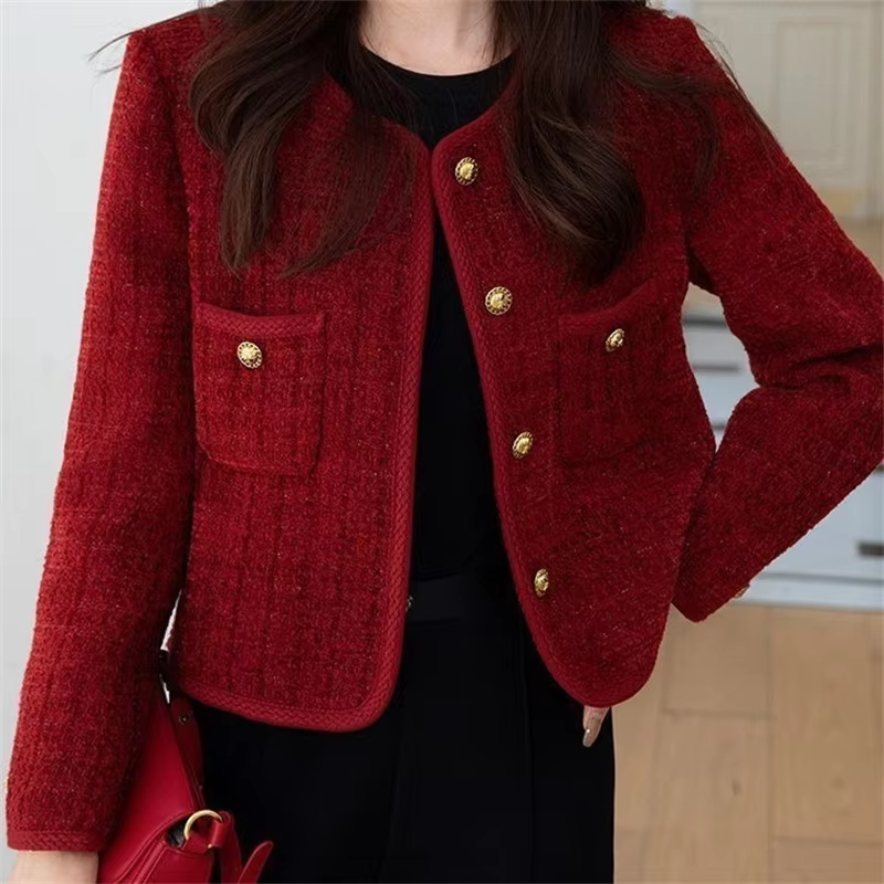 Red Korean Short Tweed Woolen Coat