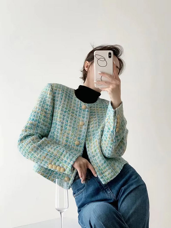 Elegant  Chic Green Plaid Tweed Coat