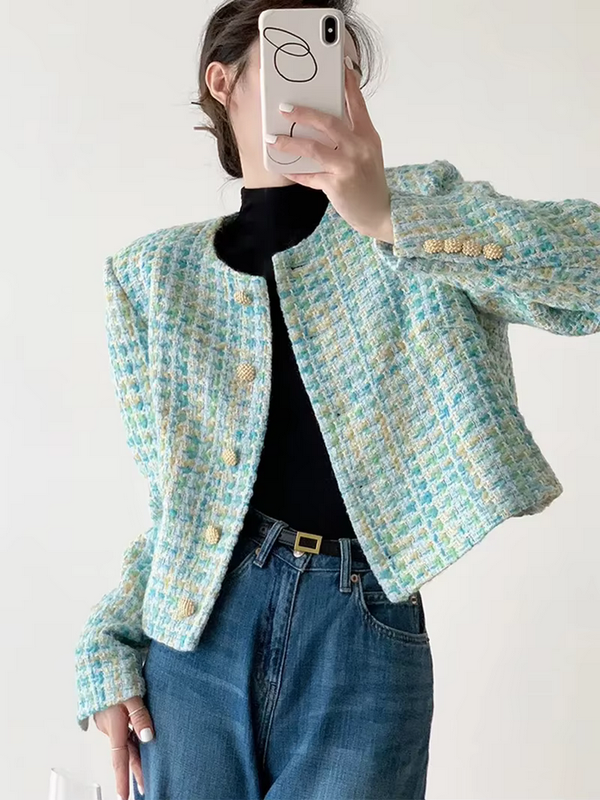 Elegant  Chic Green Plaid Tweed Coat