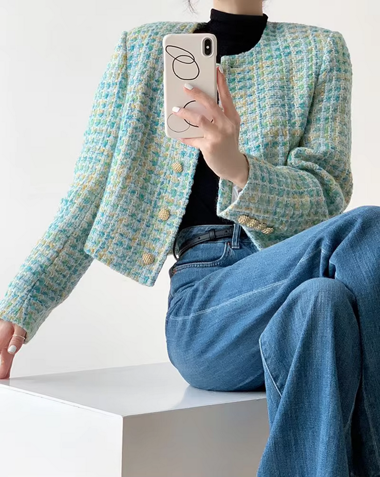 Elegant  Chic Green Plaid Tweed Coat