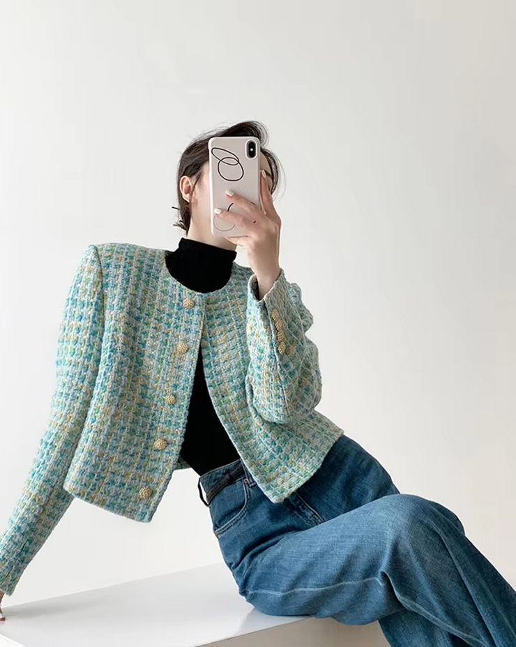 Elegant  Chic Green Plaid Tweed Coat