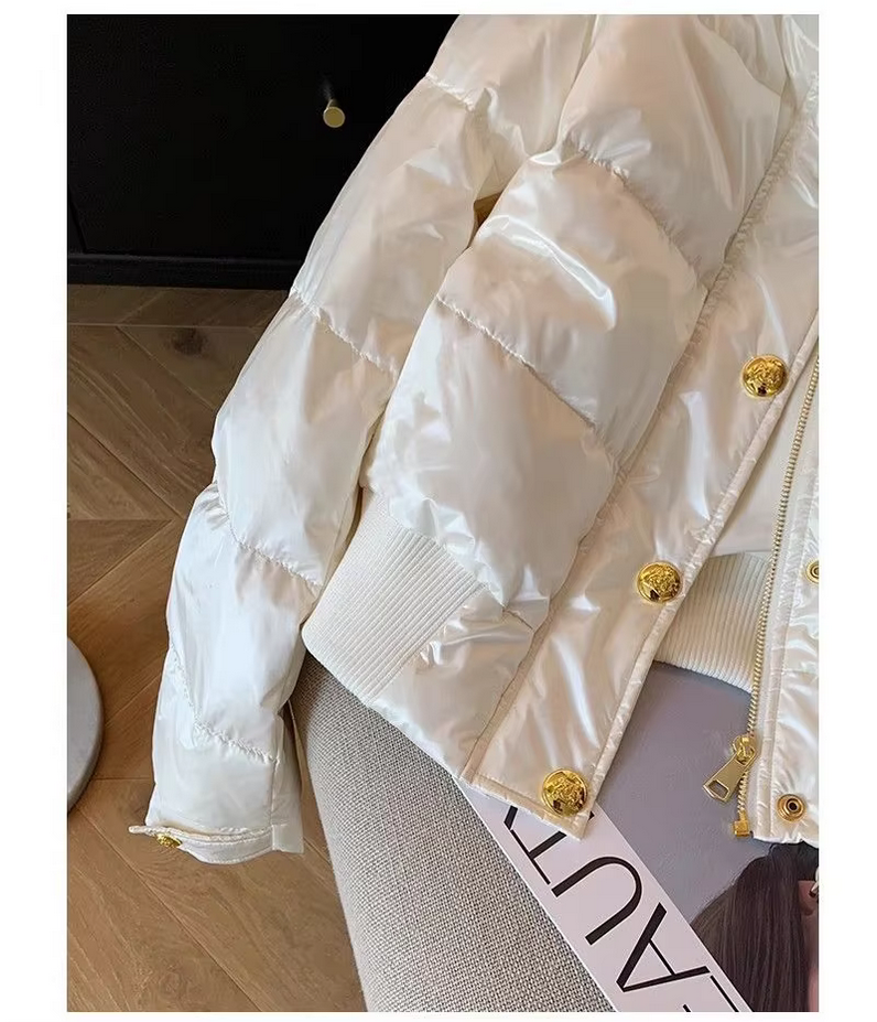 Elegant Casual Gold Buttons Korean Puffy White Parka Coat