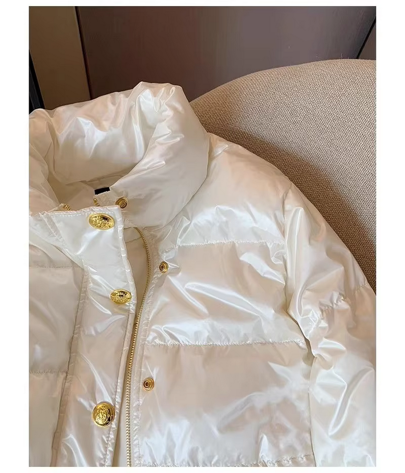 Elegant Casual Gold Buttons Korean Puffy White Parka Coat