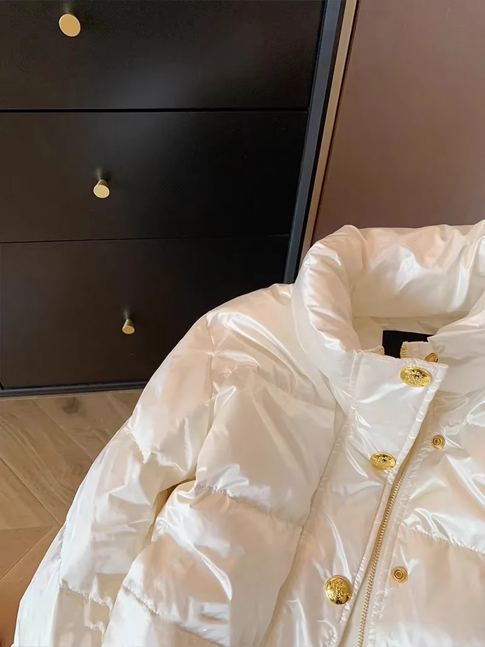 Elegant Casual Gold Buttons Korean Puffy White Parka Coat