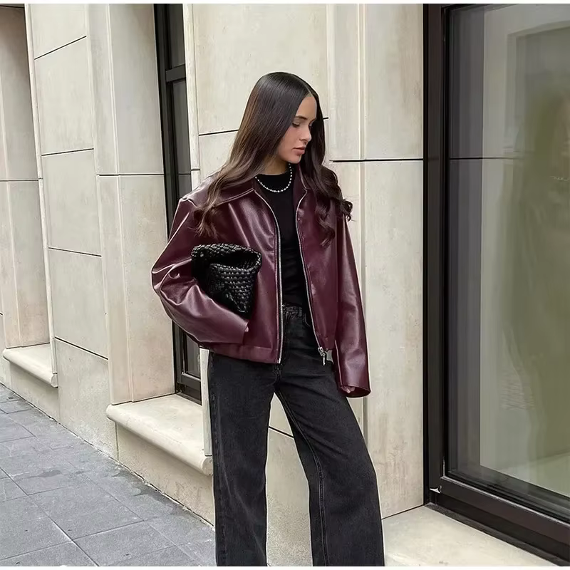 Wine Red PU Leather Motorcycle Jacket