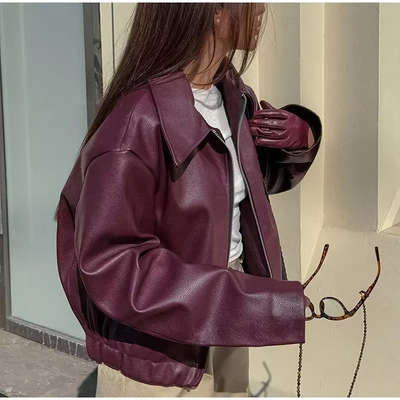 Wine Red PU Leather Motorcycle Jacket