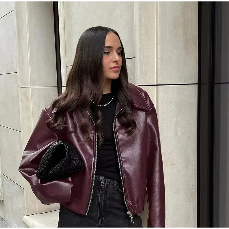 Wine Red PU Leather Motorcycle Jacket