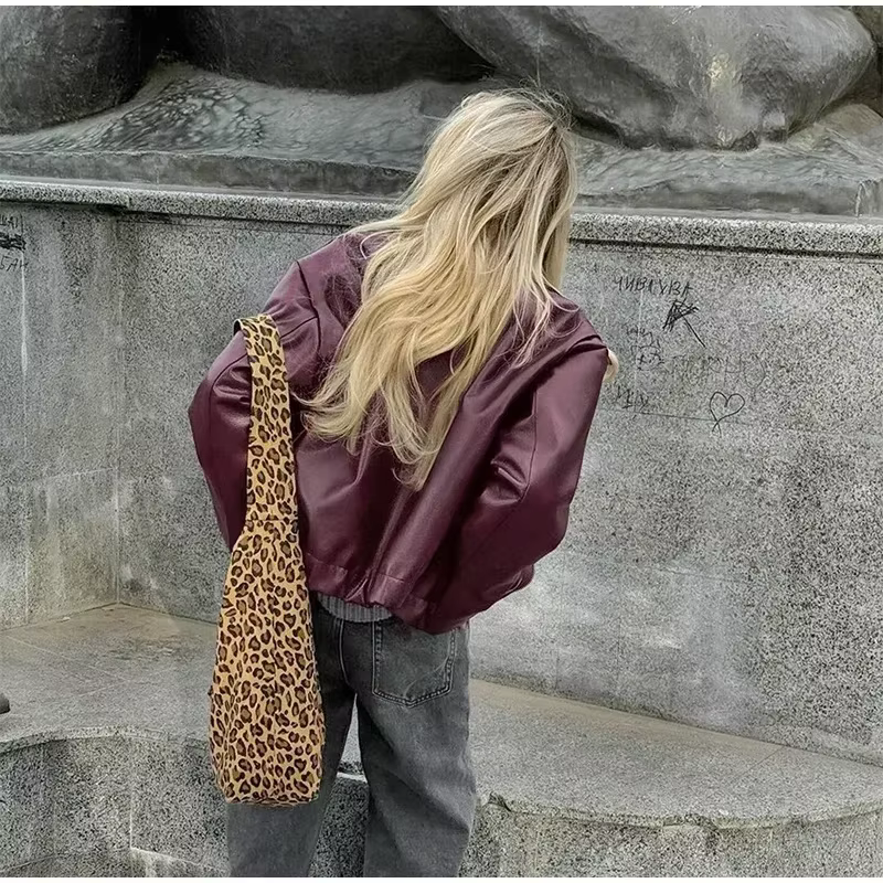 Wine Red PU Leather Motorcycle Jacket