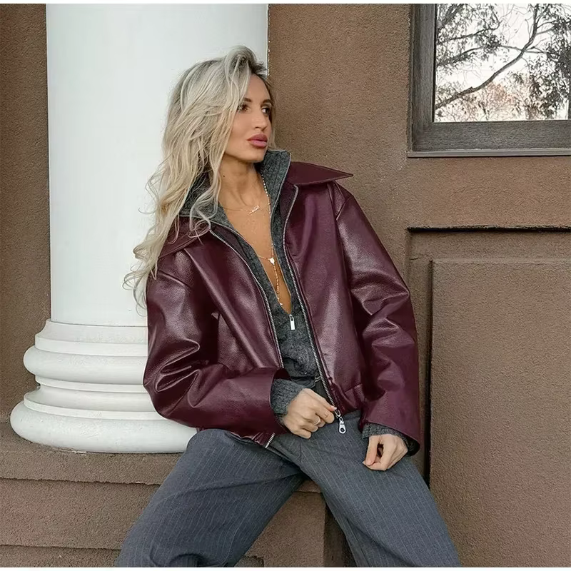 Wine Red PU Leather Motorcycle Jacket