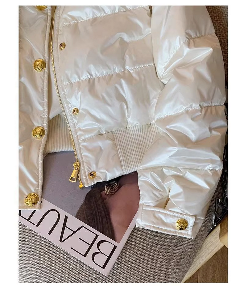 Elegant Casual Gold Buttons Korean Puffy White Parka Coat