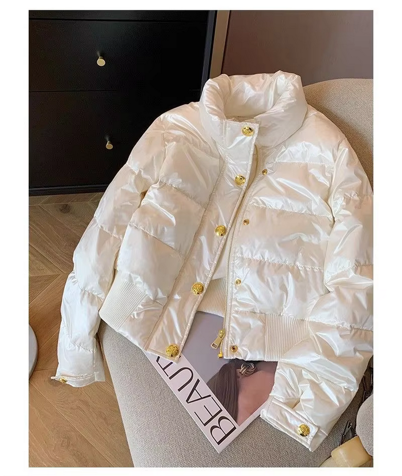 Elegant Casual Gold Buttons Korean Puffy White Parka Coat