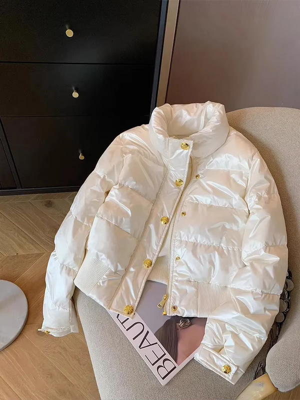 Elegant Casual Gold Buttons Korean Puffy White Parka Coat