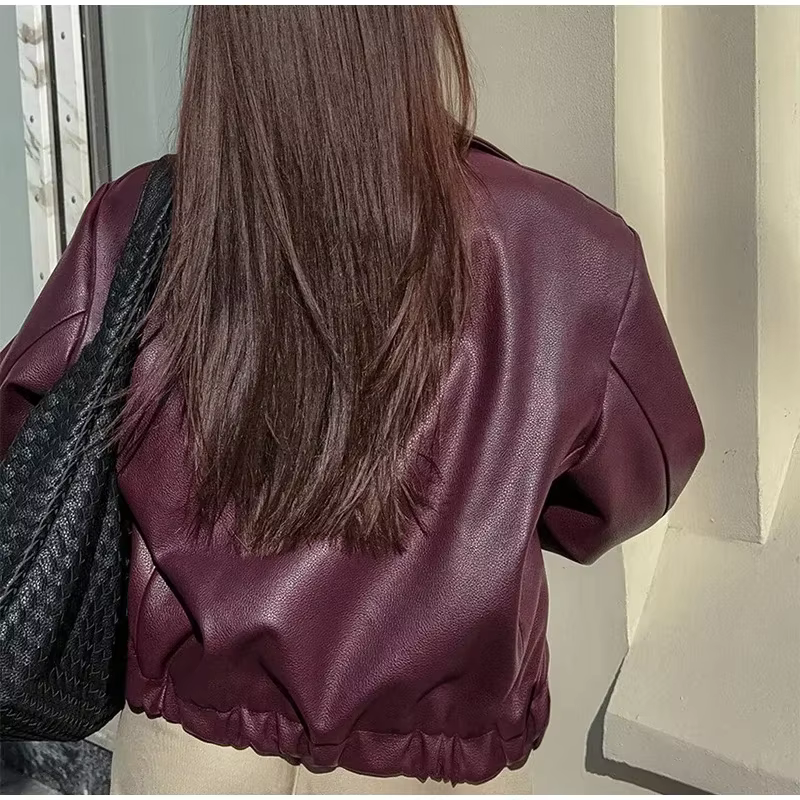 Wine Red PU Leather Motorcycle Jacket