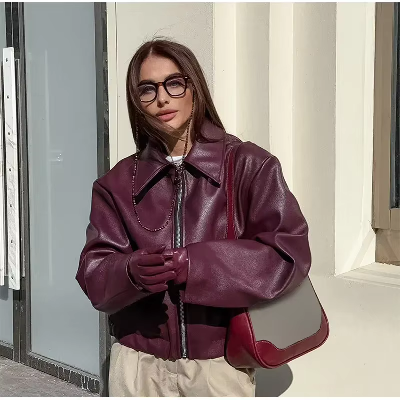 Wine Red PU Leather Motorcycle Jacket