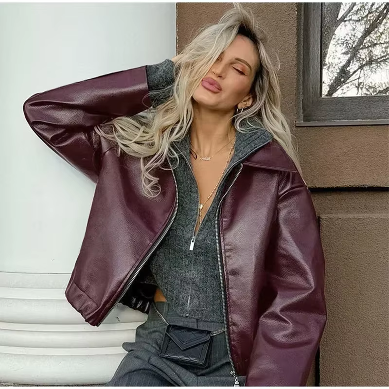 Wine Red PU Leather Motorcycle Jacket