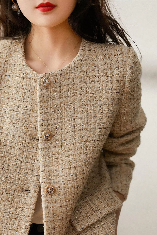 Chic Khaki Tweed Coat