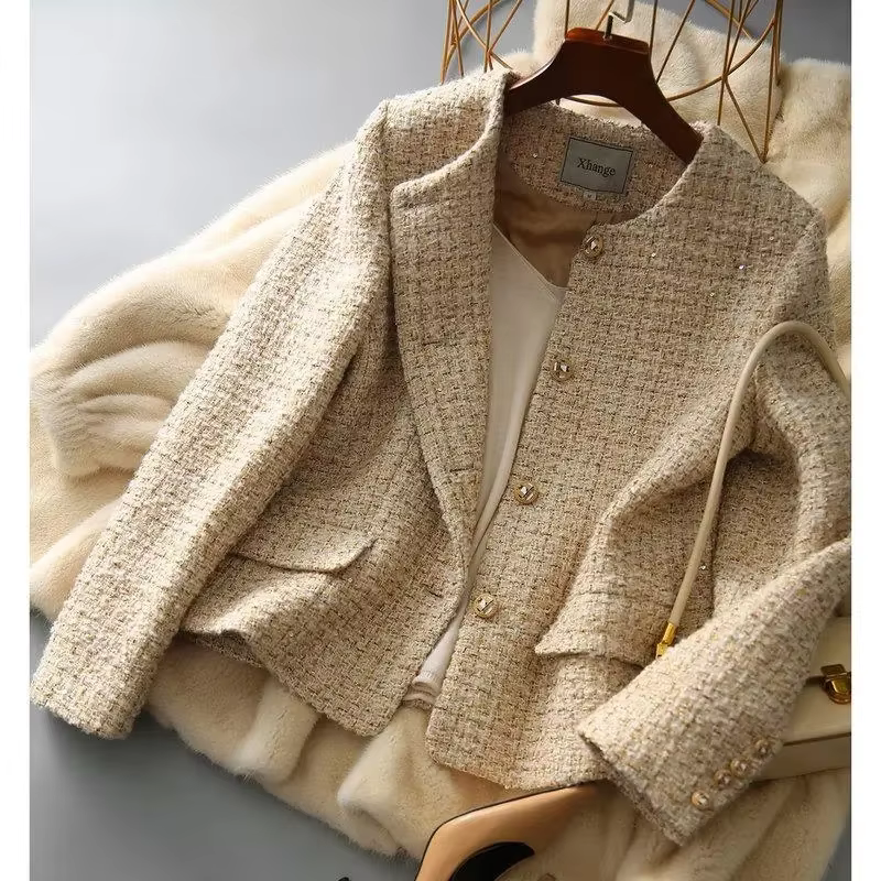 Chic Khaki Tweed Coat