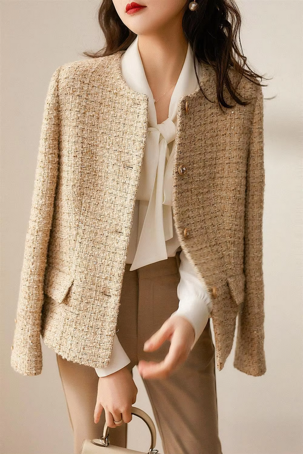 Chic Khaki Tweed Coat