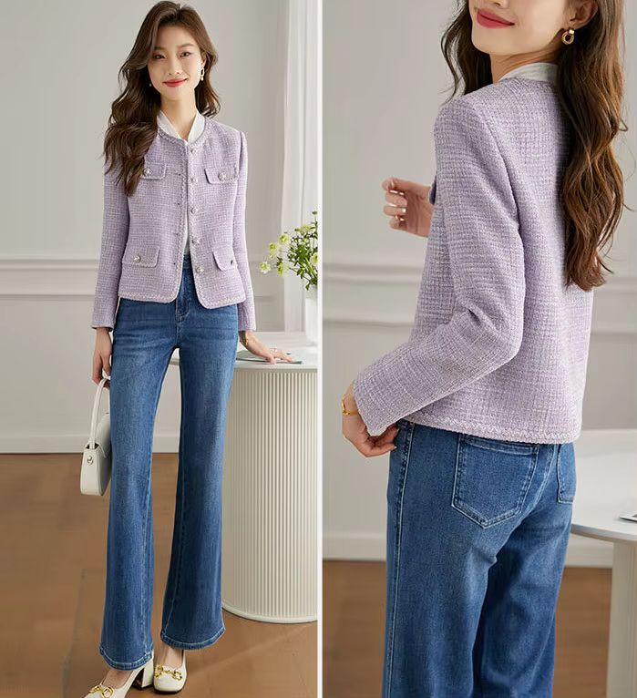Elegant Korean O-neck Tweed Woolen Coat