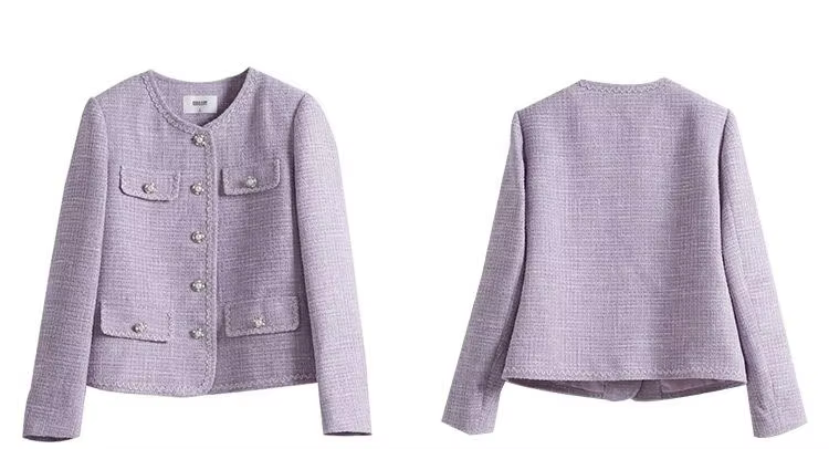Elegant Korean O-neck Tweed Woolen Coat