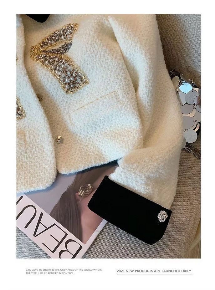 White Korean Bow Elegant Tweed Jacket Coat